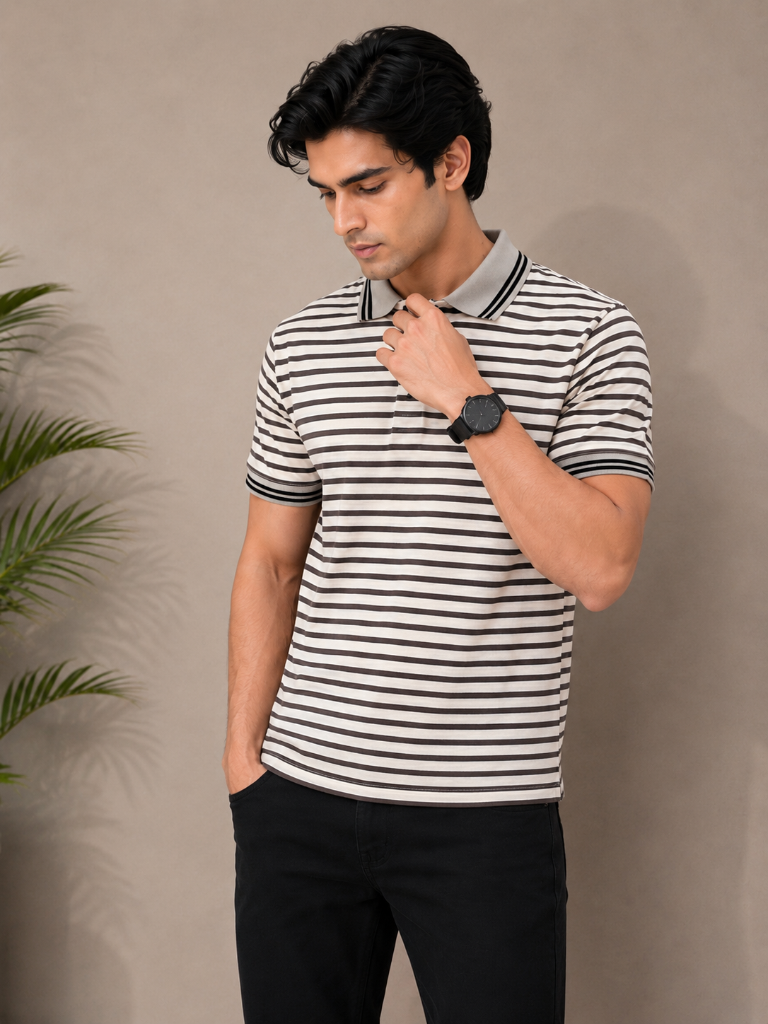 White & Black Striped Polo Shirt