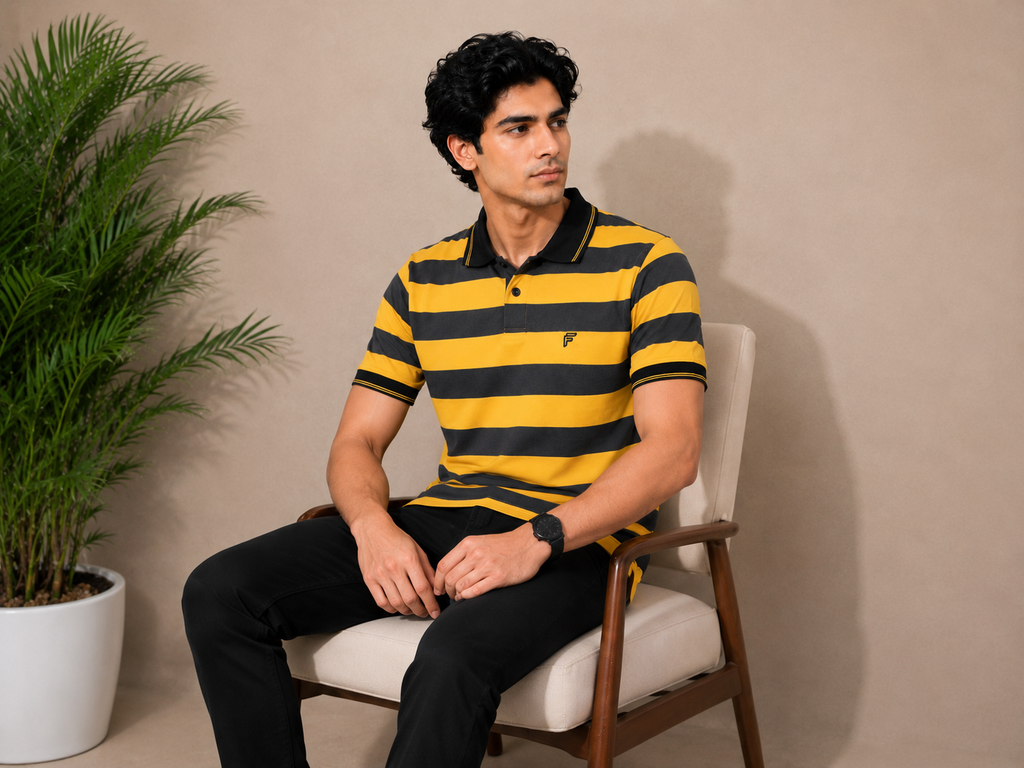 Yellow & Navy Striped Polo Shirt