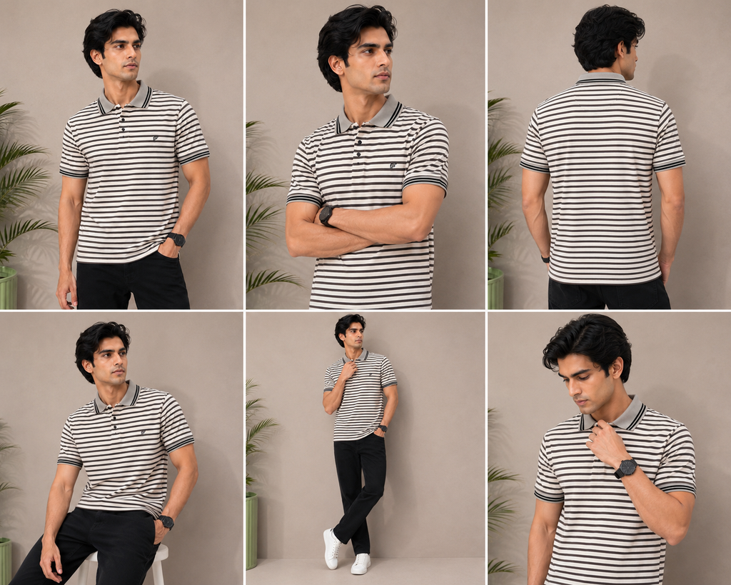 White & Black Striped Polo Shirt