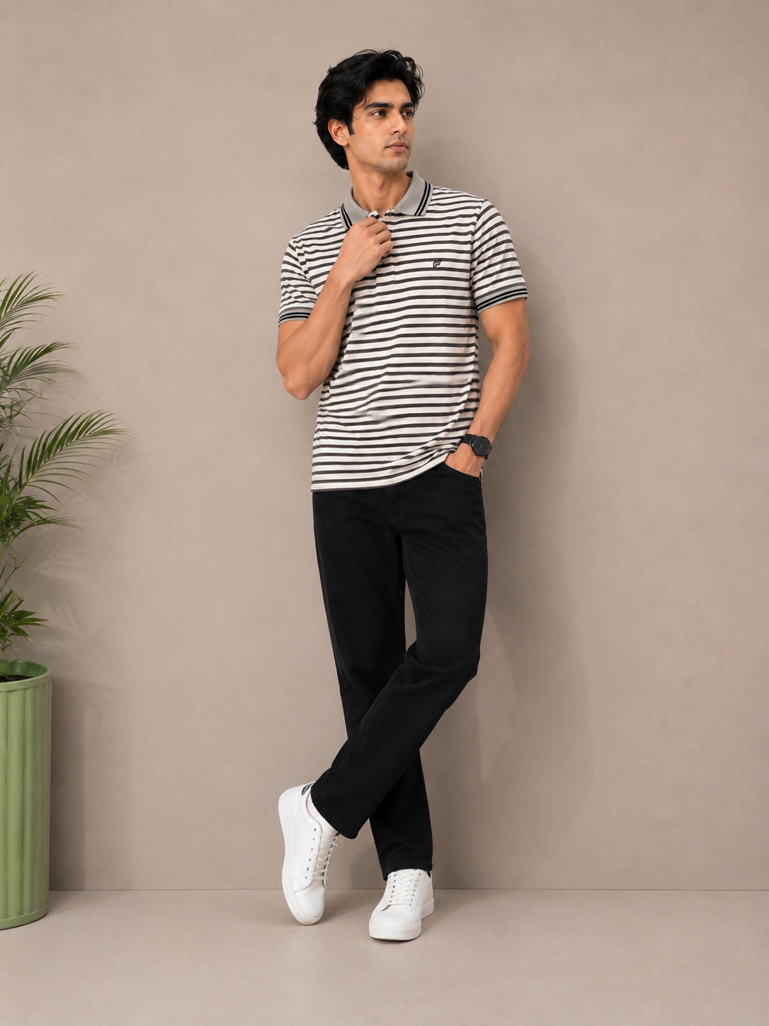 White & Black Striped Polo Shirt