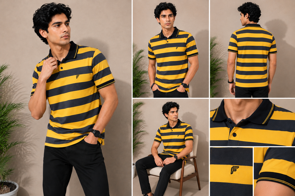 Yellow & Navy Striped Polo Shirt
