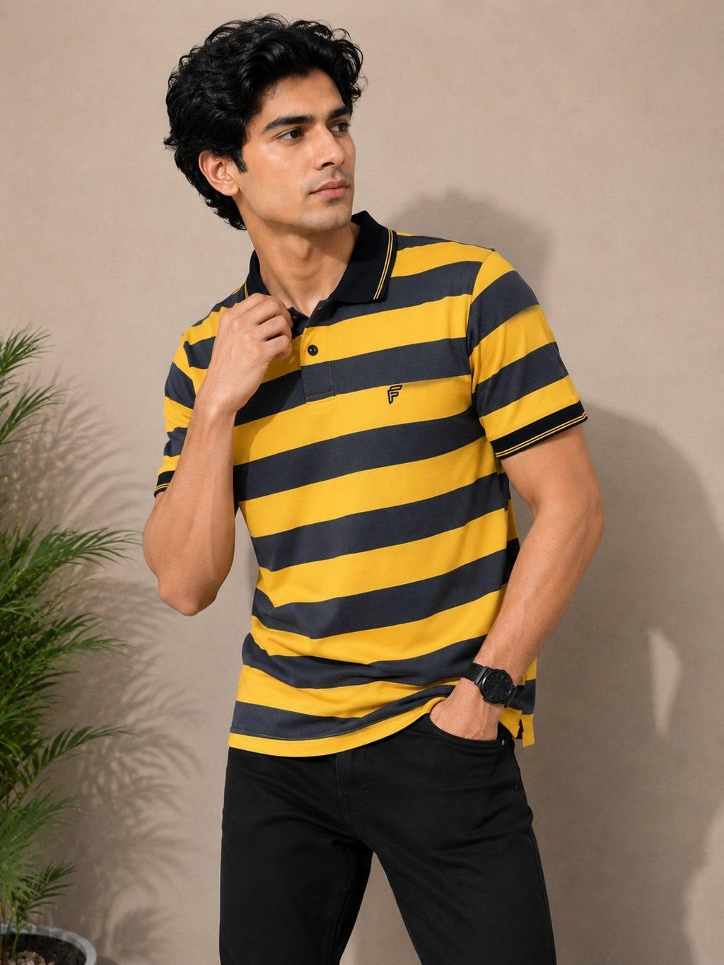 Yellow & Navy Striped Polo Shirt